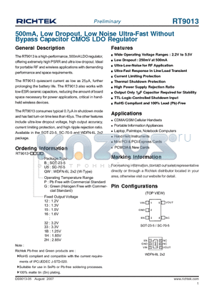 RT9013-33GB datasheet - 500mA, Low Dropout, Low Noise Ultra-Fast Without Bypass Capacitor CMOS LDO Regulator