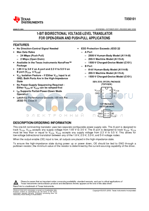 TXS0101 datasheet - 1-BIT BIDIRECTIONAL VOLTAGE-LEVEL TRANSLATOR FOR OPEN-DRAIN AND PUSH-PULL APPLICATIONS
