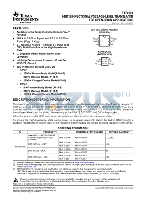TXS0101DBVRG4 datasheet - 1-BIT BIDIRECTIONAL VOLTAGE-LEVEL TRANSLATOR FOR OPEN-DRAIN APPLICATIONS
