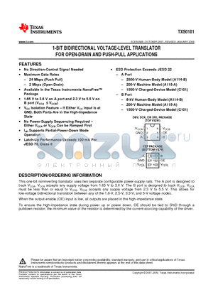 TXS0101 datasheet - 1-BIT BIDIRECTIONAL VOLTAGE-LEVEL TRANSLATOR FOR OPEN-DRAIN AND PUSH-PULL APPLICATIONS