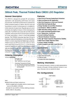 RT9016-34GQW datasheet - 500mA Peak, Thermal Folded Back CMOS LDO Regulator