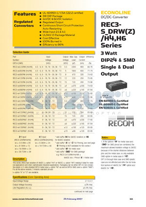 REC3-4809SRWZ datasheet - 3 Watt DIP24 & SMD Single & Dual Output