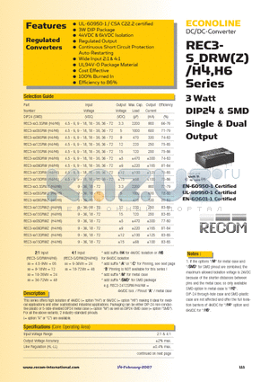 REC3-4815SRWH4AM datasheet - 3 Watt DIP24 & SMD Single & Dual Output