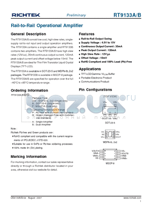 RT9133BGF datasheet - Rail-to-Rail Operational Amplifier