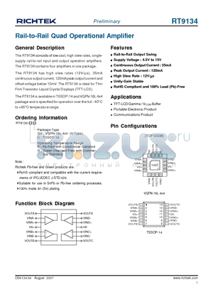 RT9134 datasheet - Rail-to-Rail Quad Operational Amplifier