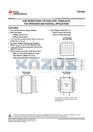 TXS0108EZXYR datasheet - 8-BIT BIDIRECTIONAL VOLTAGE-LEVEL TRANSLATOR FOR OPEN-DRAIN AND PUSH-PULL APPLICATIONS