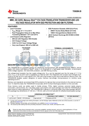TXS0206-29_1007 datasheet - MMC, SD CARD, Memory Stick VOLTAGE-TRANSLATION TRANSCEIVER AND LDO VOLTAGE REGULATOR WITH ESD PROTECTION AND EMI FILTERING
