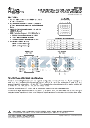 TXS0108EZXYR datasheet - 8-BIT BIDIRECTIONAL VOLTAGE-LEVEL TRANSLATOR FOR OPEN-DRAIN AND PUSH-PULL APPLICATIONS