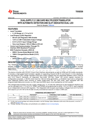 TXS02326MRGER datasheet - DUAL-SUPPLY 2:1 SIM CARD MULTIPLEXER/TRANSLATOR WITH AUTOMATIC DETECTION AND SLOT DEDICATED DUAL LDO