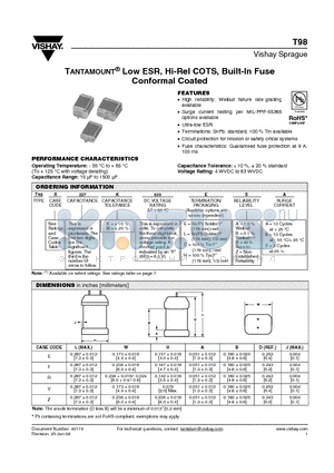 T98F227K020LAA datasheet - TANTAMOUNT^ Low ESR, Hi-Rel COTS, Built-In Fuse Conformal Coated