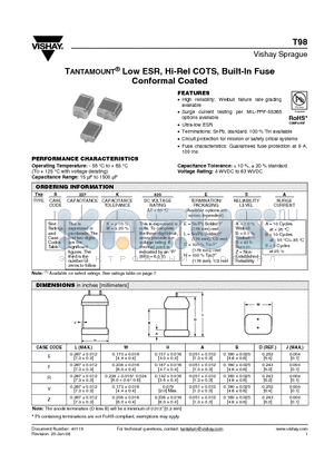 T98R227K020LBA datasheet - TANTAMOUNT^ Low ESR, Hi-Rel COTS, Built-In Fuse Conformal Coated