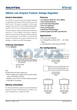 RT9162-33PZL datasheet - 300mA Low Dropout Positive Voltage Regulator