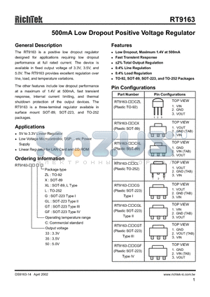 RT9163-33CGF datasheet - 500MA LOW DROPOUT POSITIVE VOLTAGE REGULATOR