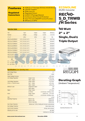 REC40-2412DRWBH datasheet - 40 Watt 2 x 2 Single, Dual & Triple Output