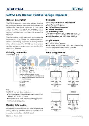 RT9163 datasheet - 500mA Low Dropout Positive Voltage Regulator