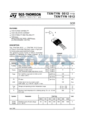 TYN0512 datasheet - HIGH SURGE CAPABILITY HIGH ON-STATE CURRENT HIGH STABILITY AND RELIABILITY