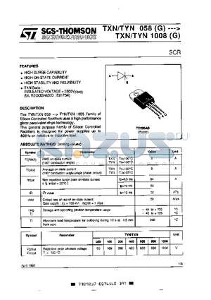 TYN1008G datasheet - Silicon controlled rectifiers