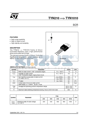 TYN1010 datasheet - SCR