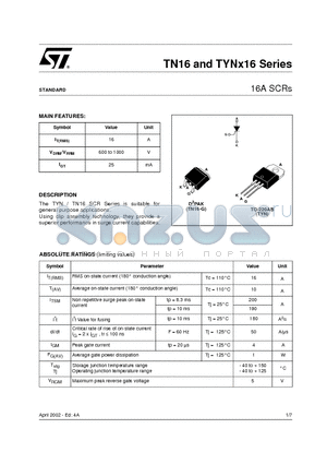 TYN1016 datasheet - 16A SCRs
