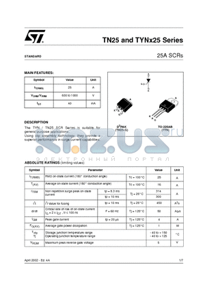 TYN1025 datasheet - 25A SCRs