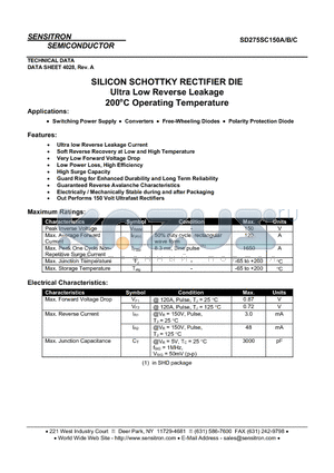 SD275SC150B datasheet - SILICON SCHOTTKY RECTIFIER DIE Ultra Low Reverse Leakage 200`C Operating Temperature