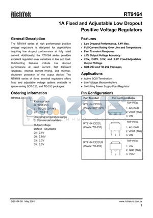 RT9164-28CG datasheet - 1A FIXED AND ADJUSTABLE LOW DROPOUT POSITIVE VOLTAGE REGULATORS