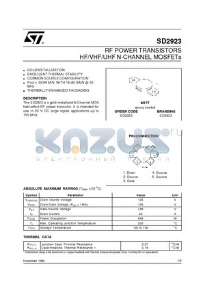 SD2923 datasheet - RF POWER TRANSISTORS HF/VHF/UHF N-CHANNEL MOSFETs