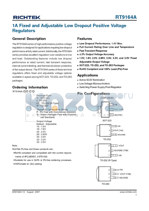 RT9164A-25GM datasheet - 1A Fixed and Adjustable Low Dropout Positive Voltage Regulators