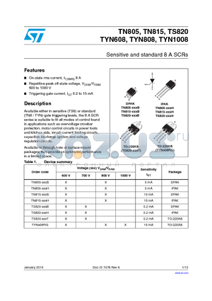 TYN608 datasheet - Sensitive and standard 8 A SCRs