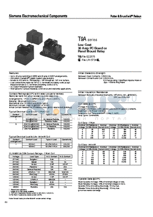 T9AP5L1-20 datasheet - Low Cost 30 Amp PC Board or Panel Mount Relay