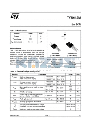 TYN612M datasheet - Suitable to Fit modes of control found in Applications such as Voltage regulation Circuits for Motorbikes