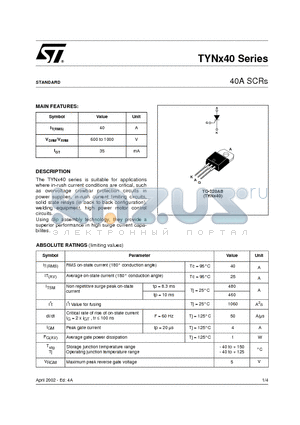 TYN640RG datasheet - 40A SCRs