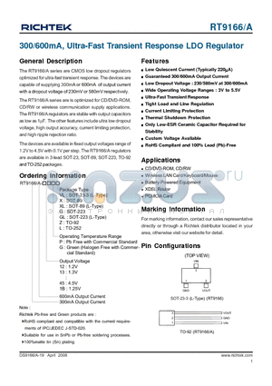 RT9166-12GG datasheet - 300/600mA, Ultra-Fast Transient Response LDO Regulator