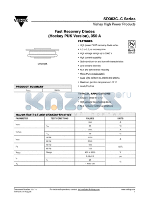 SD303C04S15C datasheet - Fast Recovery Diodes (Hockey PUK Version), 350 A