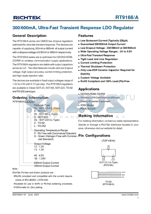 RT9166-13GX datasheet - 300/600mA, Ultra-Fast Transient Response LDO Regulator