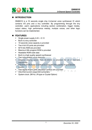 SN66010 datasheet - 2-Channel Speech Controller