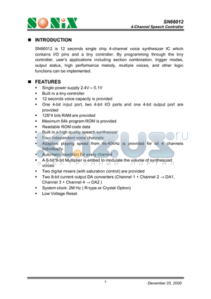 SN66012 datasheet - 4-Channel Speech Controller