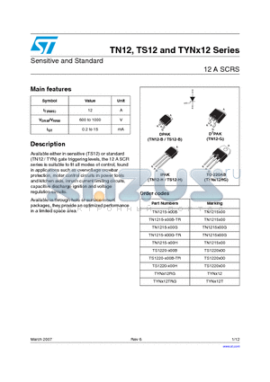 TYNX12RG datasheet - Sensitive and Standard 12 A SCRS