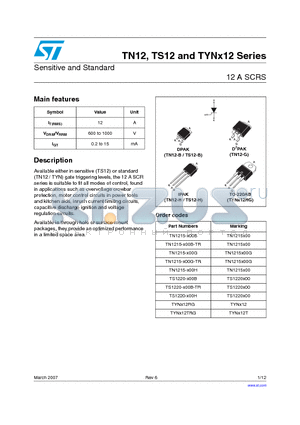 TYNX12TRG datasheet - Sensitive and Standard 12 A SCRS