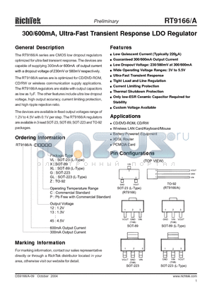 RT9166-17P datasheet - 300/600mA, Ultra-Fast Transient Response LDO Regulator