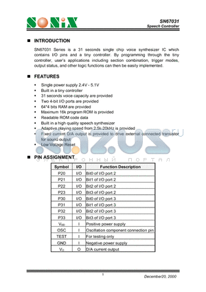 SN67031 datasheet - Speech Controller