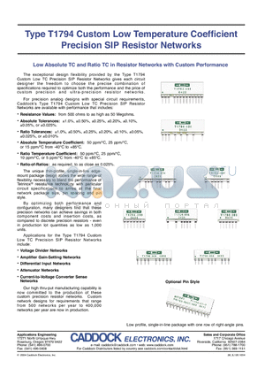 TYPET1794 datasheet - Type T1794 Custom Low Temperature Coeffi cient Precision SIP Resistor Networks