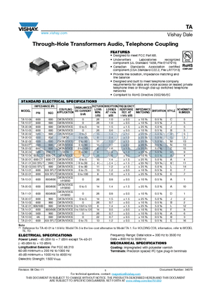 TA-10-03 datasheet - Through-Hole Transformers Audio, Telephone Coupling