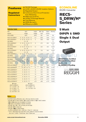REC5-1209DRWH3AMSMD datasheet - 5 Watt DIP24 & SMD Single & Dual Output