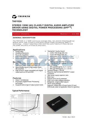 TA0102A datasheet - STEREO 150W (4) CLASS-T DIGITAL AUDIO AMPLIFIER DRIVER USING DIGITAL POWER PROCESSING (DPPTM) TECHNOLOGY