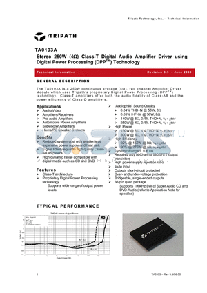 TA0103A datasheet - Stereo 250W (4) Class-T Digital Audio Amplifier Driver using Digital Power Processing (DPPTM) Technology