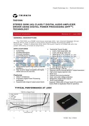 TA0104A datasheet - STEREO 500W (4) CLASS-T DIGITAL AUDIO AMPLIFIER DRIVER USING DIGITAL POWER PROCESSING (DPPTM) TECHNOLOGY