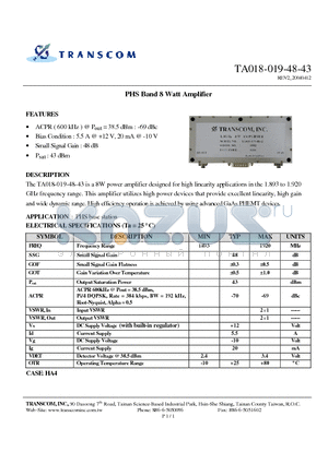 TA018-019-48-43 datasheet - PHS Band 8 Watt Amplifier