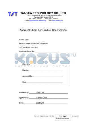 TA0194A datasheet - SAW Filter 1220 MHz