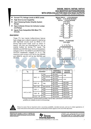 SN7406DE4 datasheet - HEX INVERTER BUFFERS/DRIVERS WITH OPEN-COLLECTOR HIGH-VOLTAGE OUTPUTS